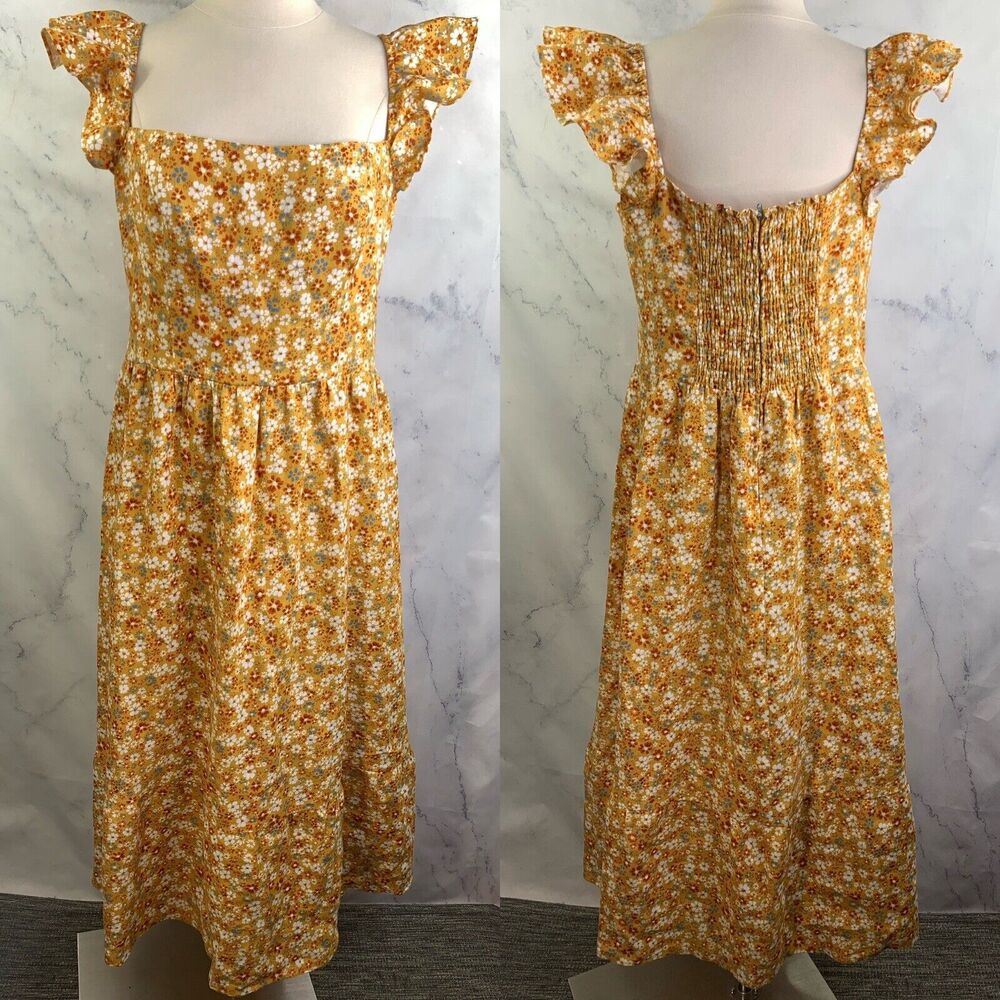 Reformation lucila Dress SZ 12 midi 100% Linen Cottagecore yellow smocked floral
